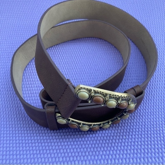 Chico's Brown adjustable belt brass buckle with tan/brown stones SZ M/L … - Picture 4 of 11